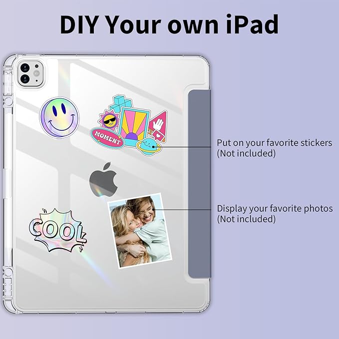 Clear Case for iPad Pro 12.9 inch 6th/5th/4th/3rd Gen with Pencil Holder [Support Pencil Charging] Auto Wake/Sleep, Lightweight Shockproof Trifold Stand Transparent Hard PC Back Cover, Purple-2