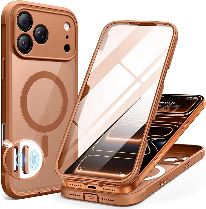 BERFY for iPhone 17 Pro Case, Compatible with MagSafe, Built-in Glass Screen Protector, Camera Protection, Shockproof Full Body Phone case 6.3", Clear Dark Orange