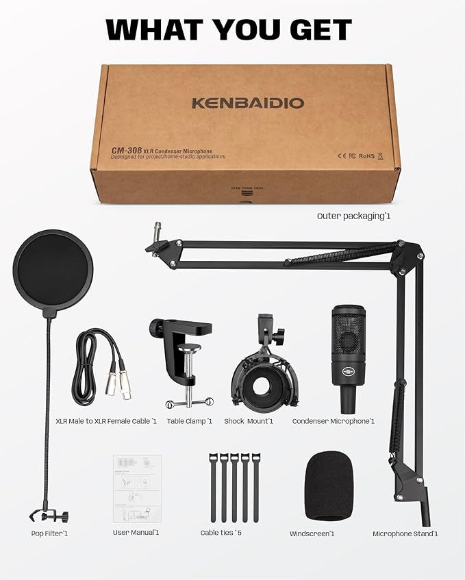 XLR Podcast Microphone, Professional Cardioid Studio Condenser Microphone XLR with 26mm Large Diaphragm for Recording, Streaming, Gaming, ASMR, Computer PC Mic Kit with Boom Arm, Pop Filter