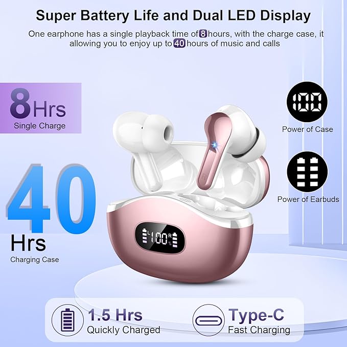 Wireless Earbuds, 48Hrs 2026 Bluetooth Headphones, Hi-Fi Stereo Deep Bass Ear Buds, ENC Noise Cancelling Mic, Clear Calls, IP-X7 Waterproof, USB Sport Earphone in Ear for Phones Laptop Pad, Rose Gold