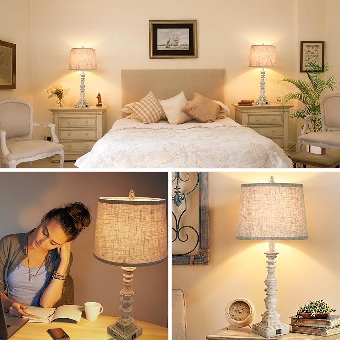 Set of 2 Farmhouse Table Lamps, 27.5'' Tall Rustic Bedside Lamps with 2 USB Ports, Beige Fabric Shade Nightstand Lamp, White Resin Desk Lamp with Rotary Switch for Living Room, Bedroom, Office