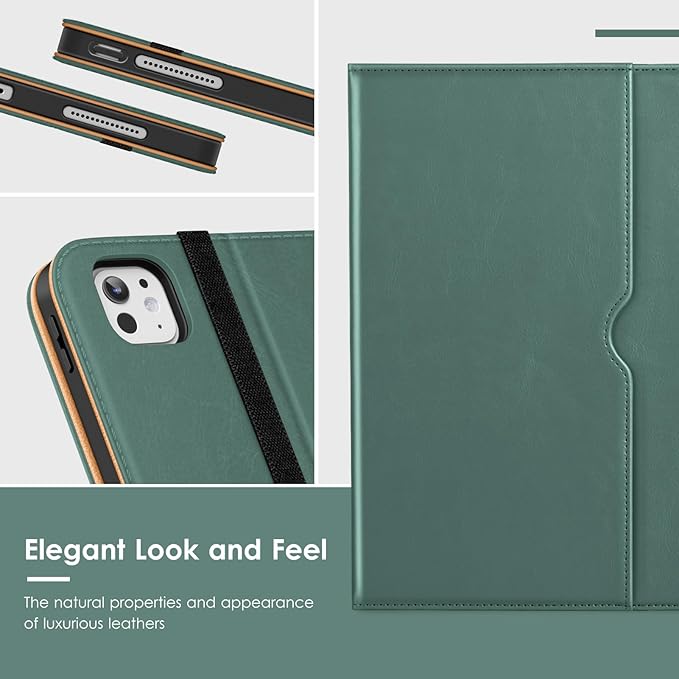 VIKESI Case for iPad Pro 13-inch M5 or M4 Released in 2025 or 2024, Leather Stand Cover with Apple Pencil Holder, Auto Wake/Sleep, Multiple Viewing Angles, Built in Hand Strap & Pocket,Midnight Green