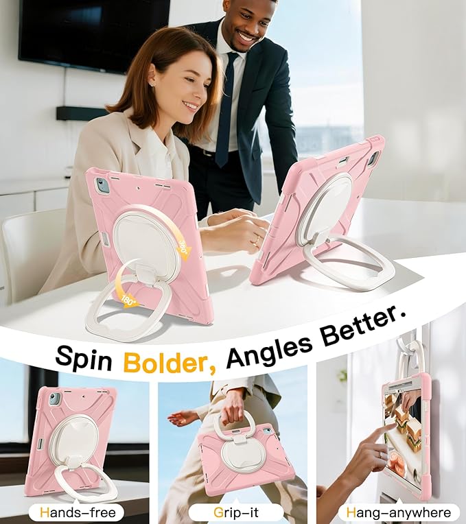 BRAECN for iPad Air 13 Kids Case M4 2026/M3 2025/M2 2024 & iPad Pro 12.9 Case (6th/5th4th/3rd Gen), Heavy Duty Silicone Cover with 360 Swivel Ring Kickstand/Shoulder Strap/Pencil Holder, Sakura Pink
