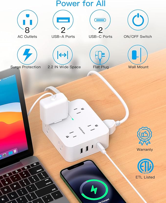 Surge Protector Power Strip, HANYCONY Extension Cord with Multiple Outlets, 5 Ft Ultra Thin Flat Plug 8 Outlets 4 USB Ports(2USB C), 1080J Outlet Extender for Home Office College Dorm Room Essentials