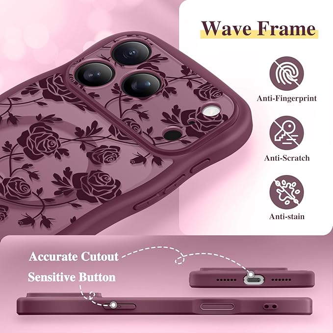 GVIEWIN for iPhone 17 Pro Max Case Compatible with MagSafe [Curly Wave Edge][Full Camera Protection] Floral Translucent Shockproof Magnetic Women Phone Case for 17 Pro Max, Filigree Rose/Burgundy