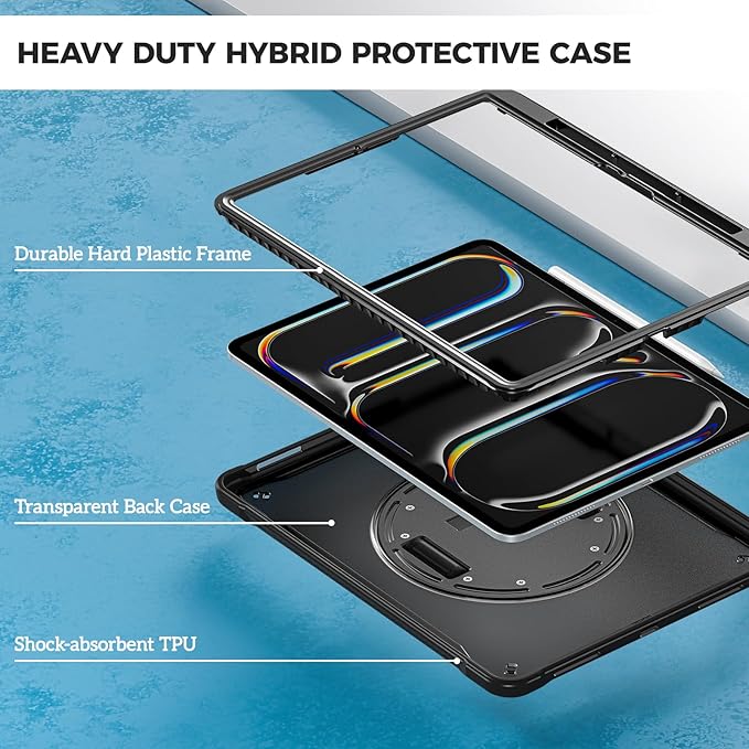 ProCase Rugged Case for iPad Pro 13 Inch 2025 (M5) / 2024 (M4) with Pencil Hold, Heavy Duty Shockproof Rugged Cover with Hand Strap 360 Degree Rotatable Kickstand Protective for iPad Pro 13" -Black