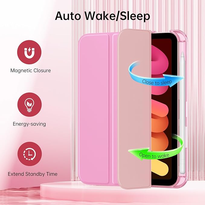 MoKo for iPad mini 7 A17 Pro Case 2024, iPad mini 6th Generation Case 8.3 Inch 2021 with Pencil Holder, Slim Light Trifold Smart Protective Cover with Hard PC Translucent Back Shell, Pink