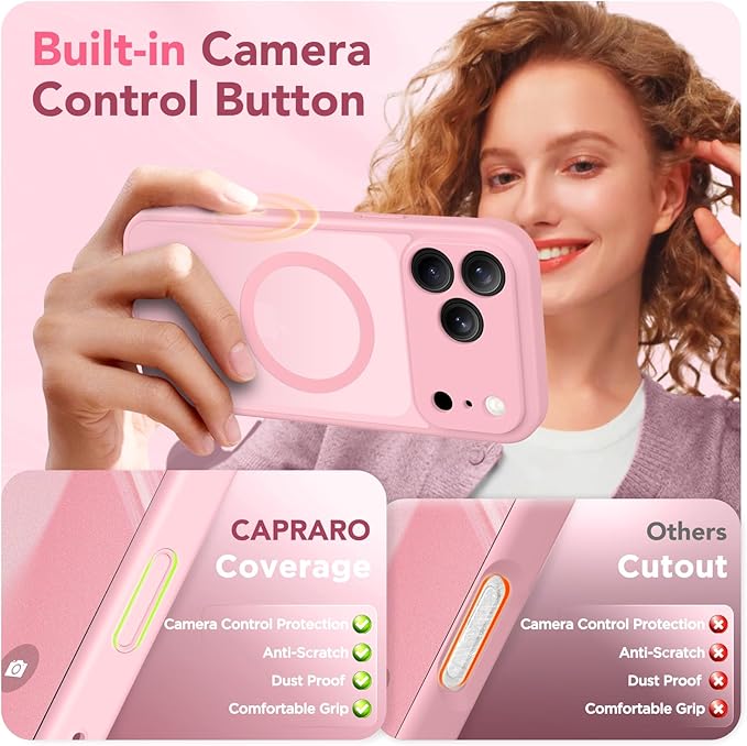 CAPRARO Magnetic for iPhone 17 Pro Case, Upgraded [Full Camera Protection] [Compatible with MagSafe] Protective Translucent Matte Women Girl Phone Case Cover, Peach Pink
