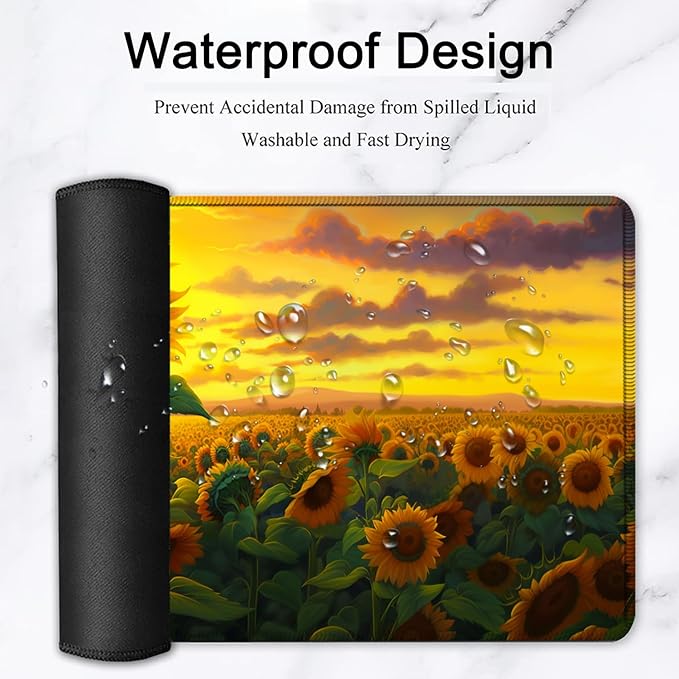 Large Mouse Pad, 31.5 x 11.8in Extended Gaming Mouse Pad with Stitched Edges, XXL Mousepad Protector Non Slip Rubber Base for Office and Home Writing Mat, Sunflower Field Pattern Desk Mat