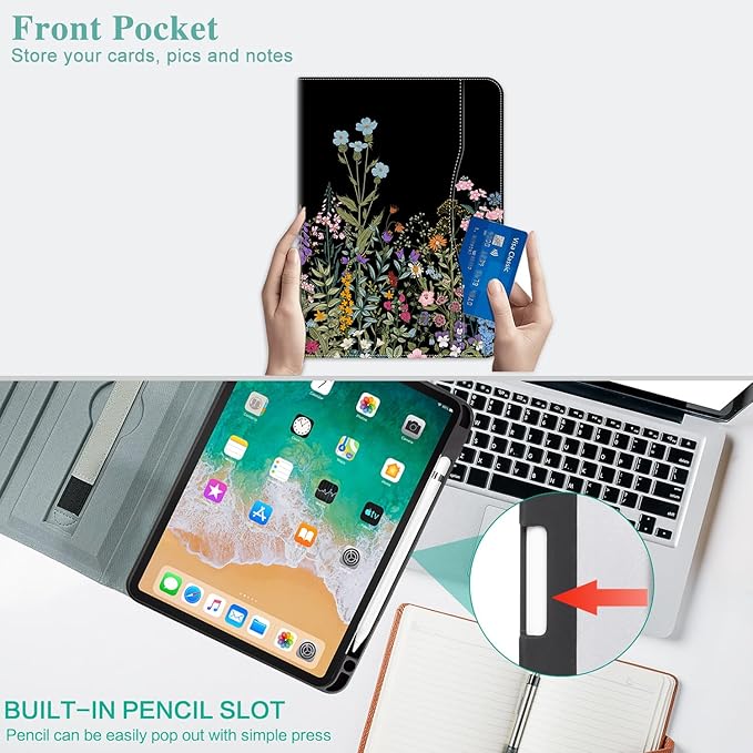 for iPad (A16) 11Th/10Th Generation Case 2025/2022,for iPad Case 11th/10Th Generation 360 Degree Rotating 4 Viewing Angles Pencil Holder/Hand Strap/Pocket Auto Wake/Sleep Cover, Black Flowers