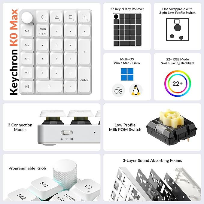Keychron K0 Max QMK Wireless Custom Number Low-Profile RGB Backlit (Hot-Swappable) Banana Switch Keypad, 2.4 GHz & Bluetooth 5.3 Connection, 1000Hz Polling Rate - White