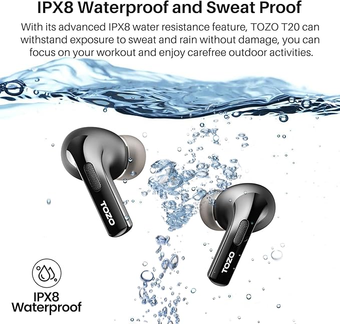 TOZO T20 Wireless Earbuds Bluetooth Headphones 48.5 Hrs Playtime with LED Digital Display, IPX8 Waterproof, Dual Mic Call Noise Cancelling 10mm Broad Range Speakers, New Version