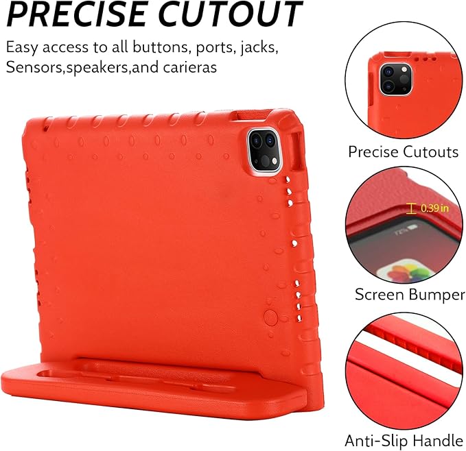 Dteck Kids Case for iPad Air 11" M2 2024, iPad Pro 11" Case 2024, Lightweight Shockproof Rugged EVA Kids Friendly Handle Kickstand Child Proof Protective Case with Pencil Holder, Red