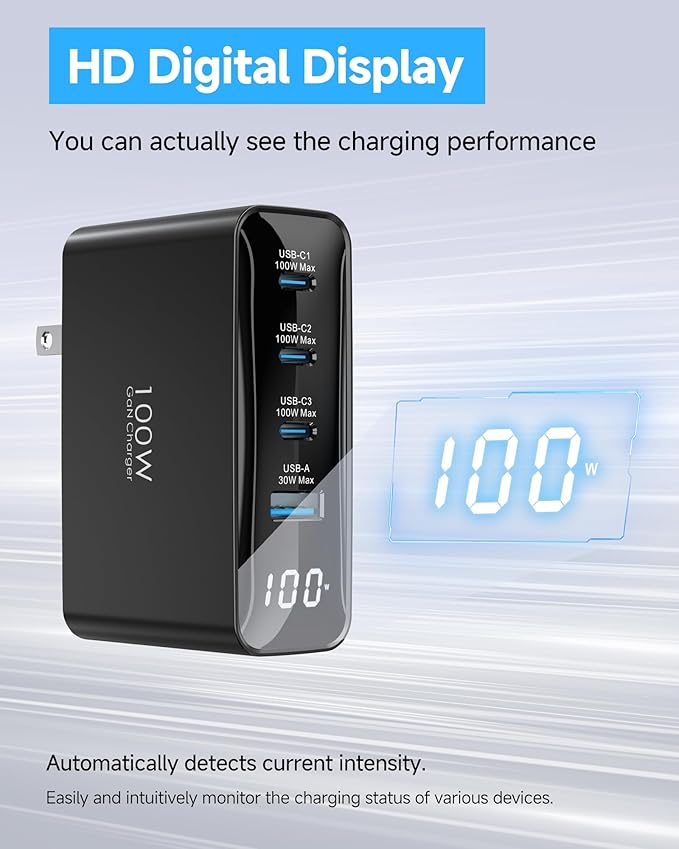 TOPADRE 100W USB C Charger for MacBook, 4-Port PD Fast USBC Charger with LED Display, GaN Compact Foldable Charging Station for MacBook Pro/Air, iPad Pro, for iPhone 17/16 Pro Max, Galaxy S25, Black