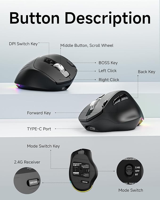 EWEADN C2 Ergonomic Wireless Mouse, 2.4G & Bluetooth Mouse for Laptop, Silent Click Dul-Mode Rechargeable Computer Mouse, 5 DPI Levels Optical Mice with RGB for Laptop, PC, Mac, Windows - White