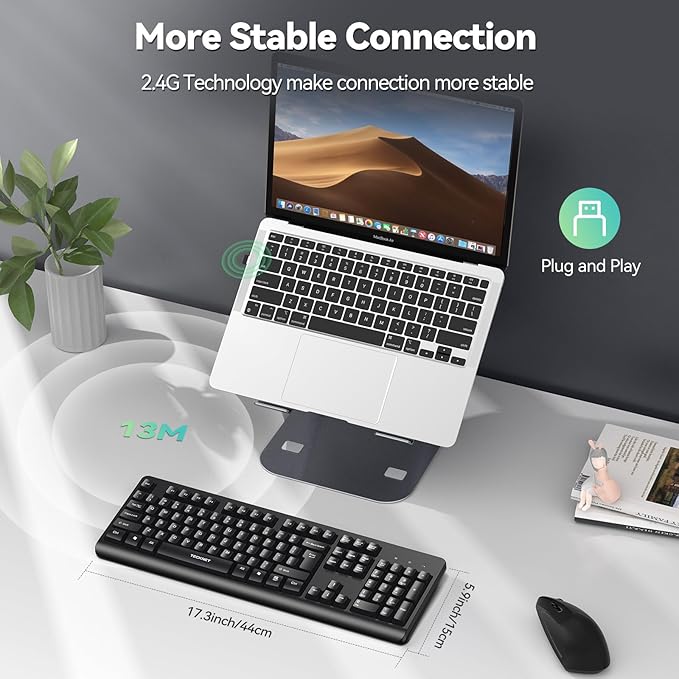 TECKNET Wireless Keyboard, 2.4G Silent Full-Size USB Keyboard with Number Pad, Ergonomic Keys & Adjustable Feet, Compatible with Laptop, PC, Desktop, Notebook, Windows 11/10/8/7 –Black