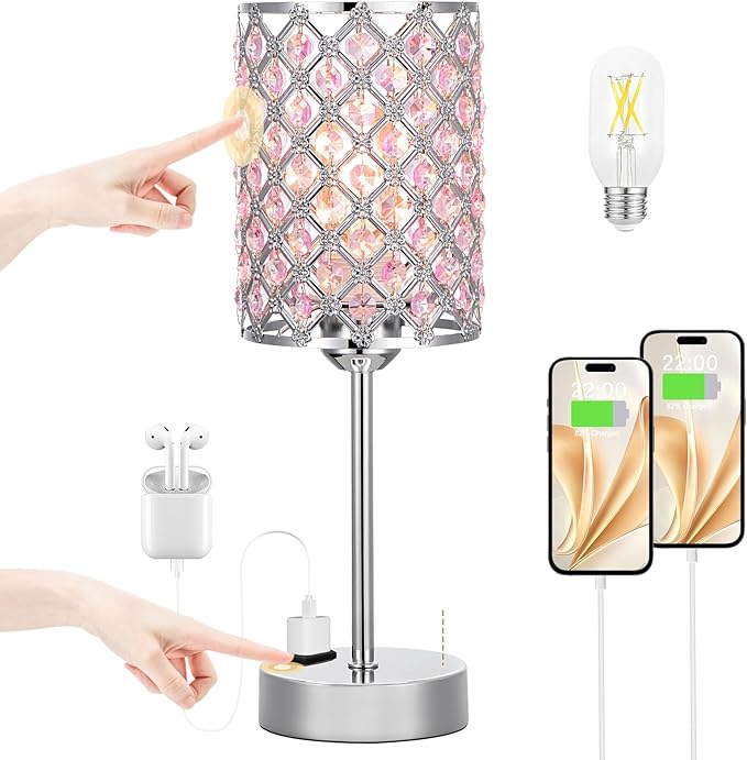 Hong-in Pink Lamps for Night Stands-Crystal Table Lamp with USB-C+A & AC Charging Ports, 3-Way Dimmable Nightstand Touch Lamp, Bedside Desk lamp for Bedroom Living Room Home Office