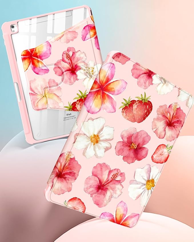 Uppuppy for iPad 9th/8th/7th Generation Case for iPad Air 3rd/ Pro 10.5” Case - 360 Rotating Stand Folio Smart Cover with Pencil Holder for Women Girls, Hibiscus for Apple Tablet 7/8/9 Gen 10.2 inch