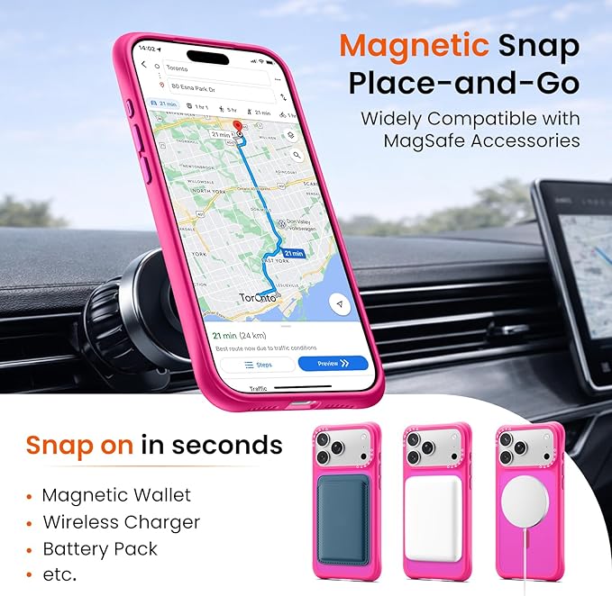 ORNARTO Magnetic for iPhone 17 Pro Max Case, 20FT Military-Grade Drop Protection, Compatible with MagSafe, Slim Shockproof Translucent Matte Phone Case for iPhone 17 Pro Max 6.9", Hot Pink