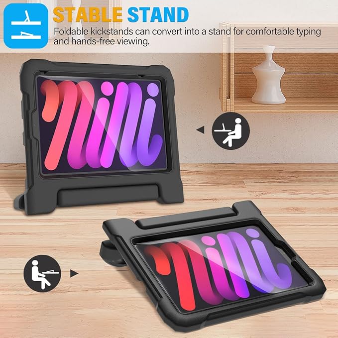 SUPLIK Kids Case for iPad mini 7 (A17 Pro) 2024 & Mini 6 2021, iPad mini 6th/7th Generation Case with Screen Protector, Durable Shockproof Handle Stand Cover for 8.3-inch iPad mini 6/7 Gen, Black