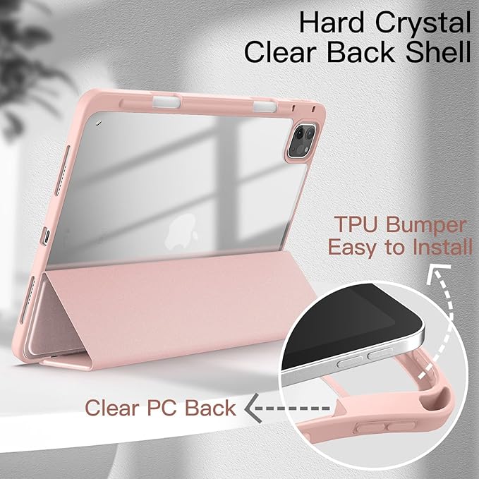 JETech Case ONLY for iPad Pro 11 Inch (2022/2021/2020/2018) with Pencil Holder, Clear Transparent Back Shell Slim Stand Shockproof Tablet Cover, Auto Wake/Sleep (Rose Gold)