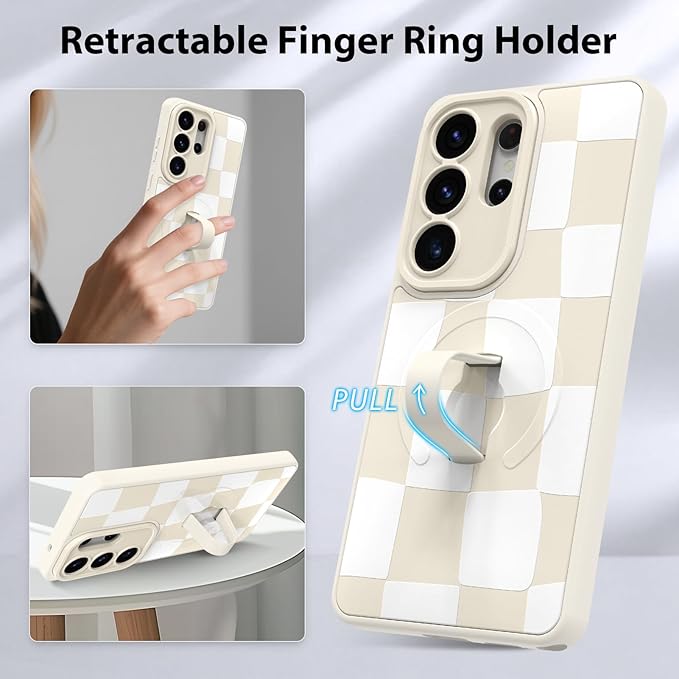 KANGHAR Compatible with Samsung Galaxy S26 Ultra Case, Support for MagSafe, Silicone Checkered Cute Pattern, Wristband Kickstand Camera Protection Soft Slim Cover for Girls Women -White
