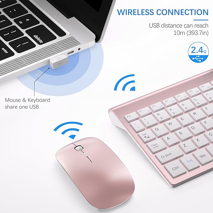 Wireless Keyboard and Mouse Ultra Slim Combo, TopMate 2.4G Silent Compact USB 2400DPI Mouse and Scissor Switch Keyboard Set with Cover, Batteries Included, for PC/Laptop/Windows/Mac - Rose Gold White