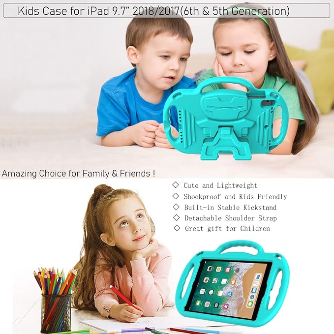 LTROP Kids Case for iPad 5th/6th Generation (9.7 inch, 2017/2018), iPad Air 1 & Air 2 & Pro 9.7 Kids Case with Shoulder Strap Handle Stand for iPad 5/6 & iPad Air 1st/2nd Gen, Turquoise
