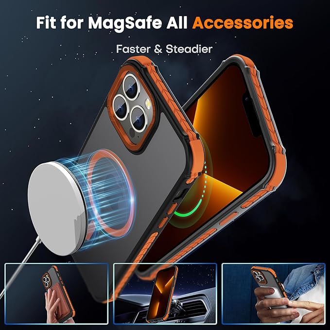 DEERLAMN Strong Magnetic Case for iPhone 13 Pro 6.1-Inch,[Compatible with Magsafe][Military Grade Drop Protection] Translucent Matte Shockproof Protective Phone Cover-Frosted Orange
