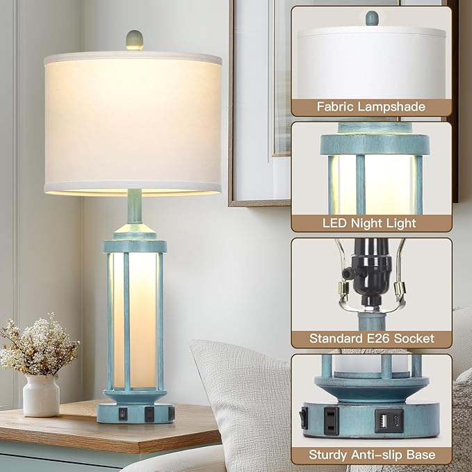 Lolikit 27" Tall Farmhouse Table Lamps for Living Room, Rustic Vintage Table Lamp with USB A+C Charging Ports & AC Outlet, Modern Retro Industrial Nightstand Bedside Lamp for Bedroom Side Table Decor