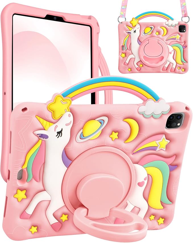 Boaretiu for iPad Air 11 inch Case(Air M4 2026, 8th Gen/M3 2025/M2)/Air 5th/4th Gen 10.9", for iPad Pro 11" Case(4th/3rd/2nd/1st Gen) - Cute Unicorn Cartoon Silicone with Strap & Stand for Kids Girls