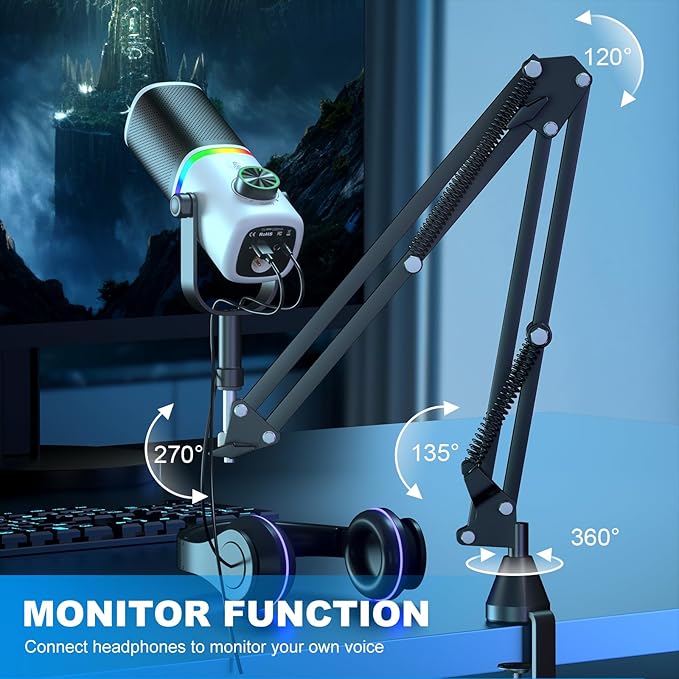Aokeo AK-10 USB Gaming Microphone with mic arm, Condenser Microphone for PC/MAC/PS4/PS5/Phone-Cardioid Mic with RGB Lighting（White）