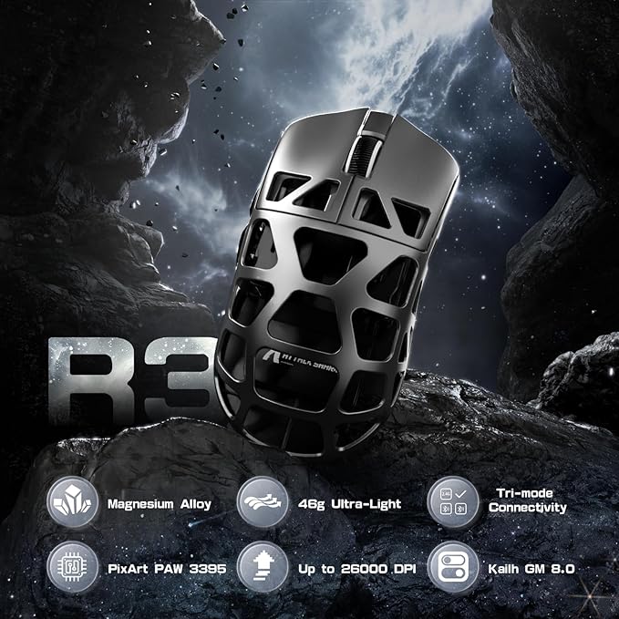 FELICON x Attack Shark R3 Magnesium Alloy Wireless Gaming Mouse, 46g Ultra-Lightweight Skeletal Shell, PAW3395 26K DPI, 8K Polling, Tri-Mode 2.4G/BT/Wired, for PC Mac Laptop - Gray