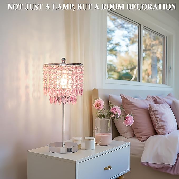 Pink Crystal Lamps, Touch Control Crystal Table Lamp with Dual USB Charging Ports, 3 Way Dimmable Bedside Lamp Decorative Nightstand Lamp for Girls Bedroom, Living Room, B11 LED Bulb Included