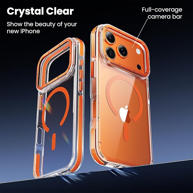 Anti-Yellowing Strong Magnetic for iPhone 17 Pro Case with Screen Protector*1 Camera Lens Protector*1,Fits MagSafe,[12FT Military Grade Drop] Slim Thin Cover, Clear Orange