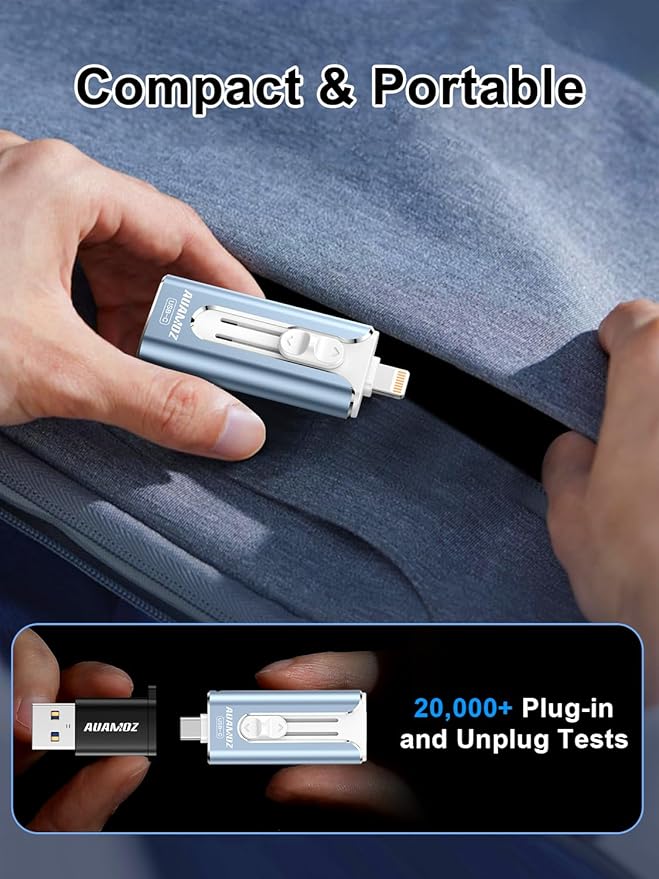 512GB Mini Dual Interface Flash Drive, Portable Memory Stick Compatible with iPhone 17/16/15/14/13/12/11, iPad, Android & PC, Easy to Save Photos, Videos & Files (1 Pack-Mist Blue)