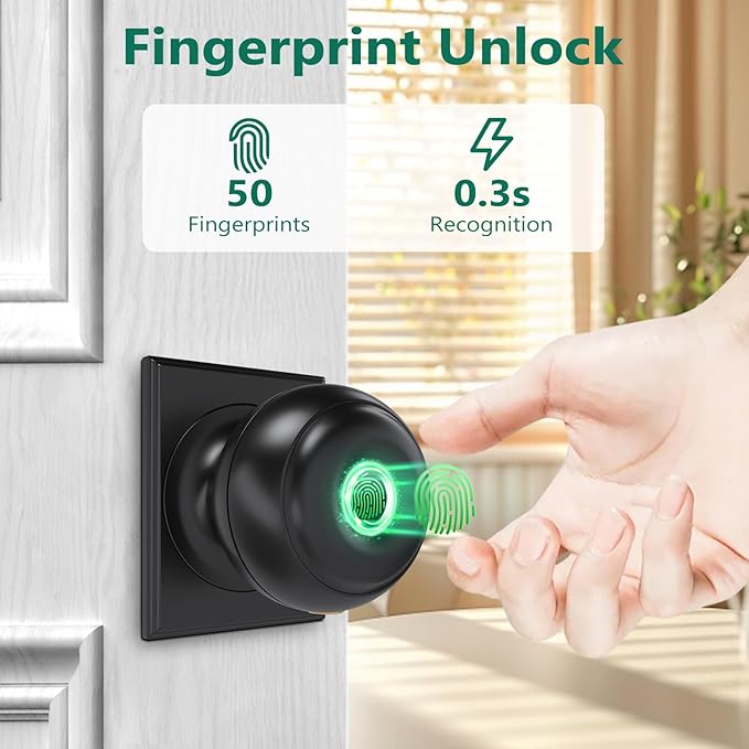 GeekTale Fingerprint Door Lock for Bedrooms, Fingerprint Door Knob with Lock, Smart Door Lock, App Control, Back-up Keys, Thumbprint Door Knob for Bedrooms, Office, Apartment