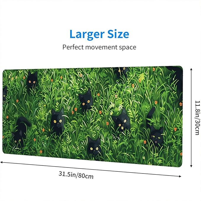 Cute Cat Desk Pad Mouse Pad Green Plant Kawaii Black Cat Flower Large Gaming Mouse Mat with Stitched Edges,Non-Slip Waterproof Rubber Base Mous Mat 31.5"x11.8" Office Computer Keyboard Laptop Home