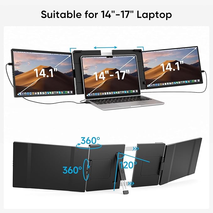 Dopesplay Laptop Screen Extender, 14" Triple Portable Monitor for Laptop, FHD 1200P IPS Screen Extender Monitors for 14"-17.3" Carry a USB flash drive，Plug & Play Compatible with Windows, Mac, Android