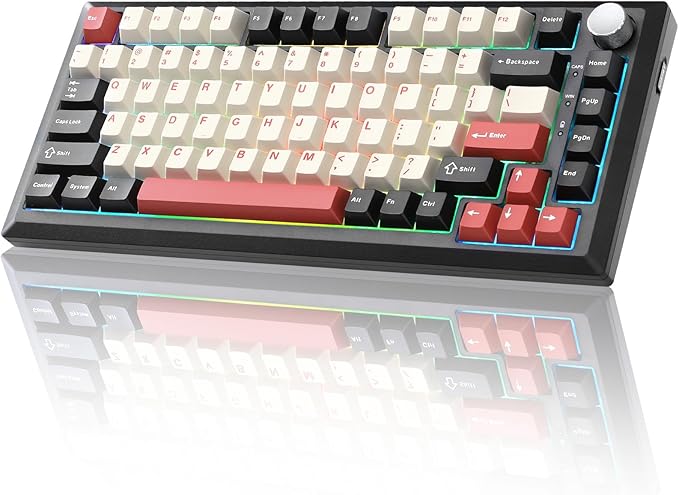 Y75 Wireless Mechanical Keyboard,75% Hot Swappable Custom Keyboard with Knob,RGB Backlit, PBT Keycaps,2.4GHz/USB-C/BT5.0 Mechanical Gaming Keyboards(Black&Red,Milk Switch)