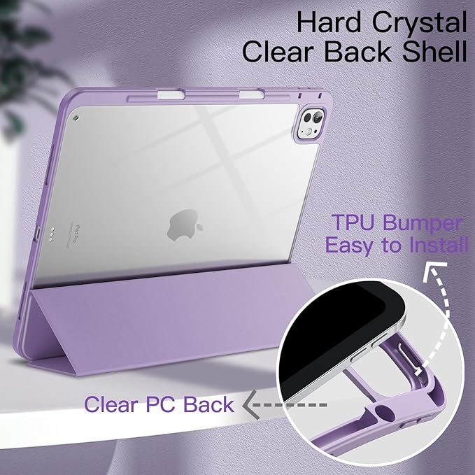 JETech Case for iPad Pro 13-Inch M5/M4 (2025/2024) with Pencil Holder, Clear Transparent Back Shell Slim Stand Shockproof Tablet Cover, Auto Wake/Sleep (Purple)