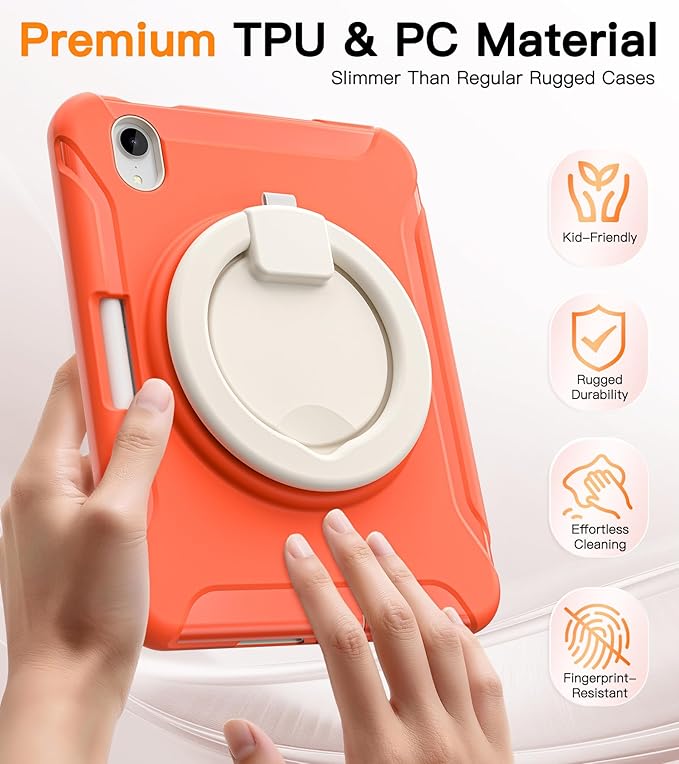 BATYUE Shockproof Case for iPad mini 7 (A17 Pro)/ Mini 6 8.3 inch (2024/2021) - 360° Multi-Angle Stand (Portrait & Landscape) & Grip, Built-in Pencil Holder, Coral Orange