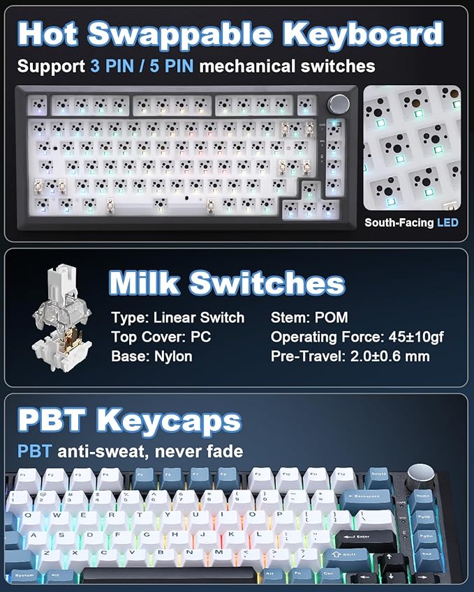 Y75 Gasket Wireless Mechanical Keyboard,75% Hot-Swappable with Knob, Tri-Mode,Creamy Pre-lubed Milk Linear Switches & Doubleshot PBT Keycaps, RGB, Win/Mac (Black & Blue)