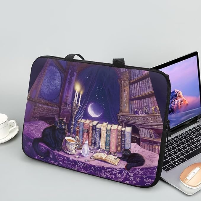 Purple Library Laptop Sleeve Case for Women Men 13 Inch Laptop Protector with Multiple Uses Portable Computer Sleeve Kawaii Cat Tablet Bag Laptop Carrying Case Gifts for Girls