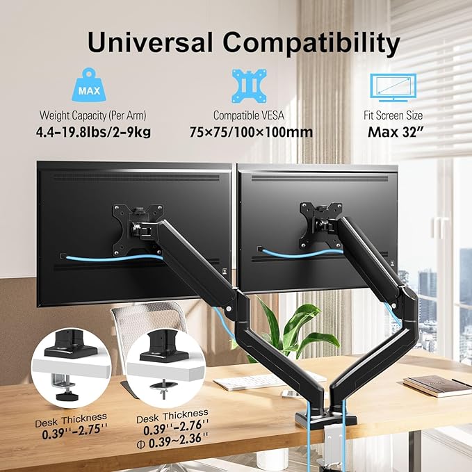 Dual Monitor Mount Fits 13 to 32 Inch Computer Screen, Dual Monitor Arm Hold 4.4-19.8lbs Each, Full Motion Monitor Desk Mounts for 2 Monitors, Gas Spring Monitor Stand, VESA Mount