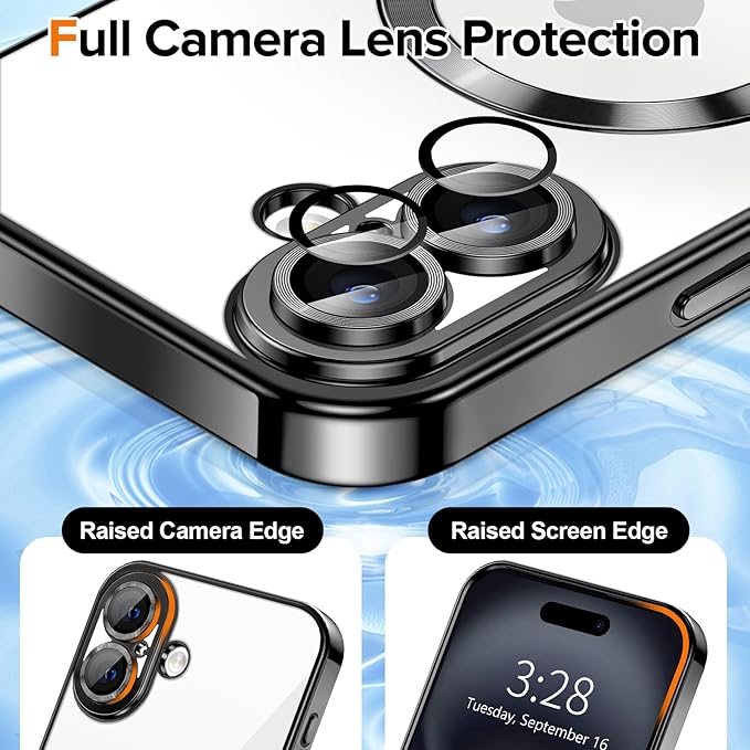 Hython Magnetic Clear for iPhone 16 Plus Case with Camera Lens Protector [Compatible with MagSafe] Luxury Plating Edge Slim Soft TPU Cover Protective Phone Case for iPhone 16 Plus 6.7", Black