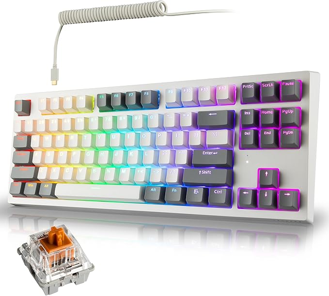 TECWARE Phantom+ Elite 87 Mechanical Gaming Keyboard | RGB LED Backlit | Hot Swappable Wraith Brown Switches | 87 Key TKL Layout | Thocky Sound Profile | Tri-Mode Wireless Bluetooth/2.4GHz | White
