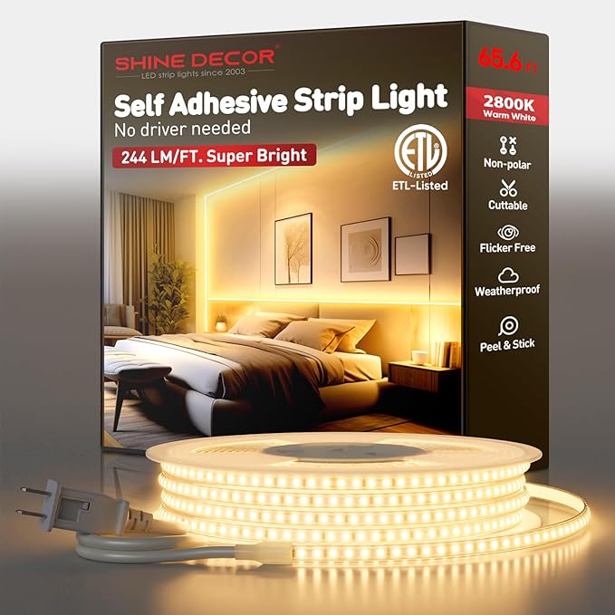Shine Decor LED Strip Light Super Bright 16000LM, Plug&Play 120V Driverless Easy Wiring, Flicker Free Weatherproof for Outdoor Indoor, Min. 3.9” Cuttable Stickable, 2800K Warm White 65FT ETL Listed