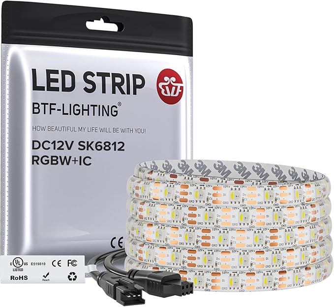 BTF-LIGHTING SK6812(Similar WS2812B) UL Listed RGBW RGB+Cool White(6000K) Individually Addressable DC12V 16.4FT 60LED/m 4 Colors in 1 Light Dream LED Strip IP65 White PCB(No Adapter or Controller)