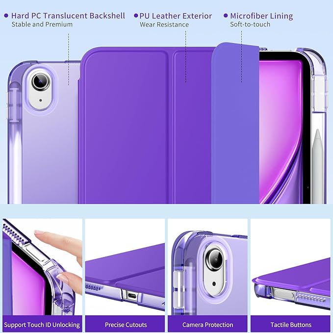 MoKo for iPad Air 11 inch Case (M4/M3/M2) 2026/2025/2024, iPad Air 5th/4th Gen 10.9 inch Case 2022/2020 with Pencil Holder, Slim Light Trifold Cover with Hard PC Translucent Back Shell, Deep Purple
